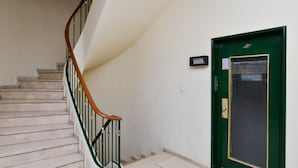 A staircase with a wooden handrail and a green door with a metal screen.