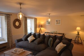 TV, fireplace, books