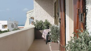 Un balcón con vista al mar, una puerta de madera y macetas con plantas.