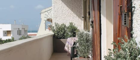 A balcony with a view of the sea, a wooden door, and potted plants.