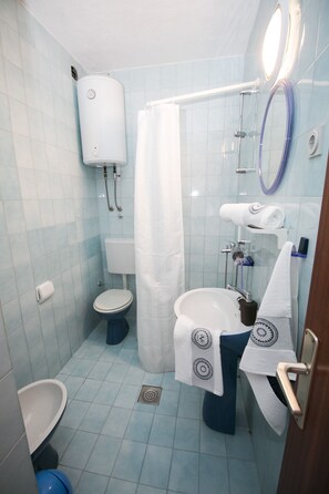 Hair dryer, towels, shampoo, toilet paper