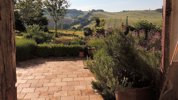 A rustic wooden structure with a brick pathway leading to a lush garden with various plants and a view of rolling hills.