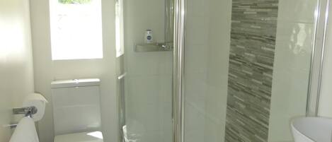 Un bagno moderno con doccia vetrata, un water e un lavandino.