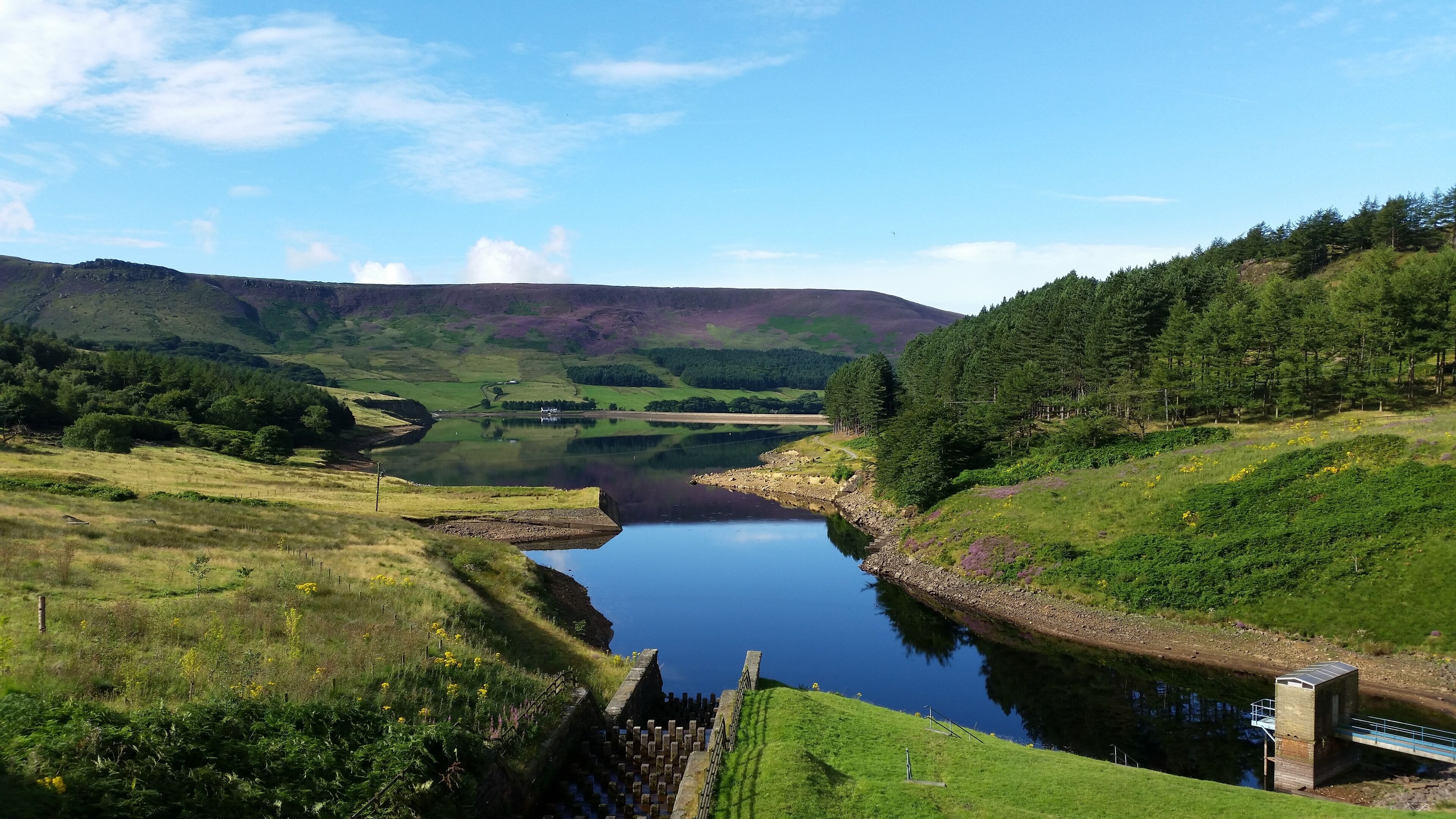 A serene landscape with a lake, grassy hills, and a small bridge.