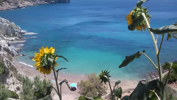 A coastal landscape with a clear view of the sea, rocky cliffs, and a beach.