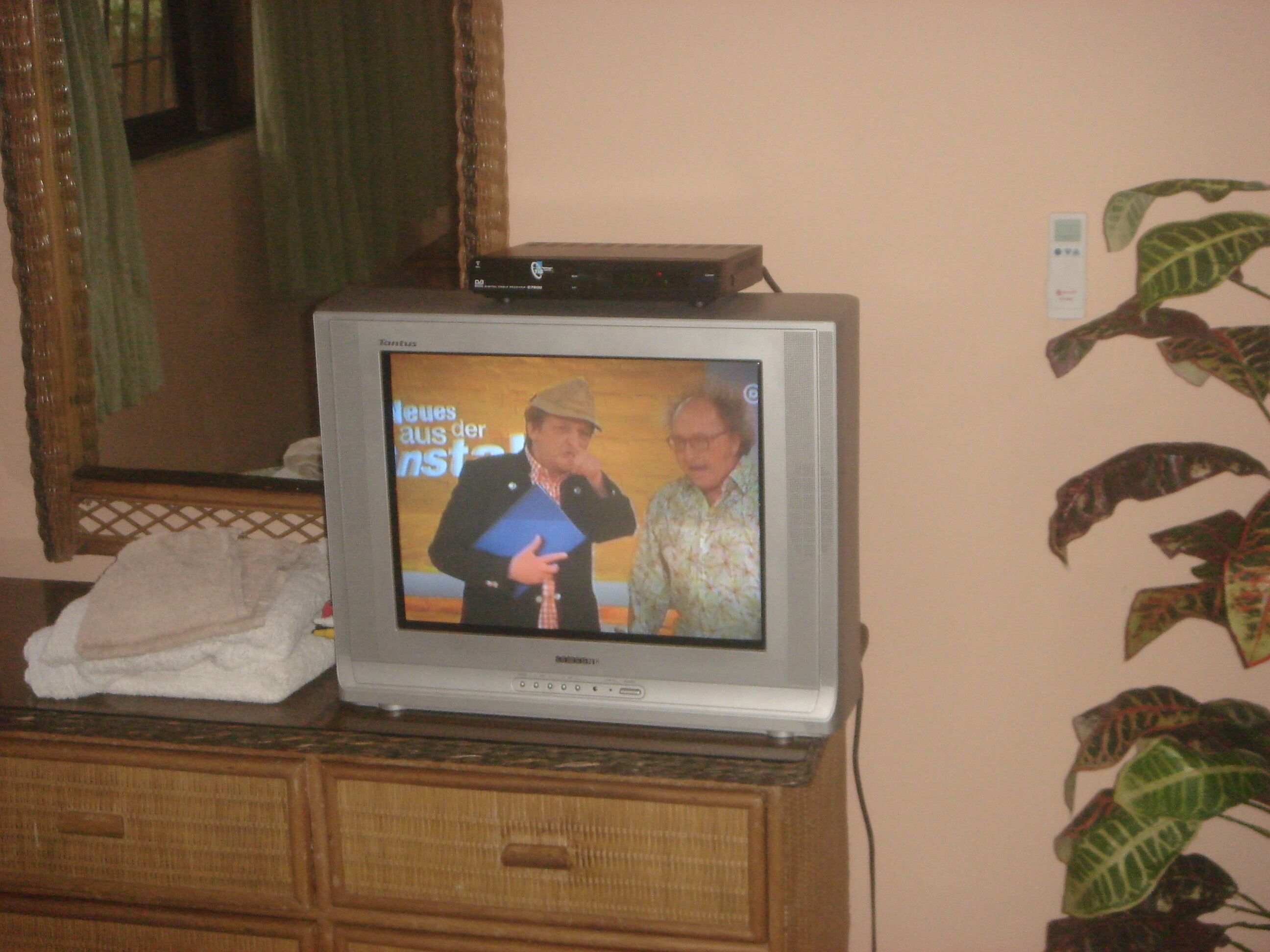 Un televisor sobre un aparador de madera con un espejo encima.