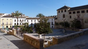 A plaza with historic buildings, palm trees, and a clear sky.