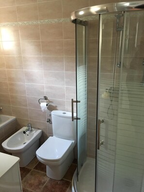 Een bad/douchecombinatie, een haardroger, een bidet, handdoeken