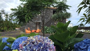 A stone building with a door and windows, surrounded by lush greenery and blue hydrangea flowers.