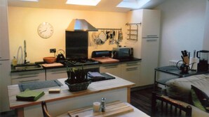 A compact kitchen with skylights, a stove, a microwave, and a sink.