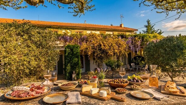 An outdoor dining area with a variety of food and drinks, surrounded by greenery and a building with a tiled roof. - An Old Mas in Provence, Sun and Swimming Pool (Cabannes)