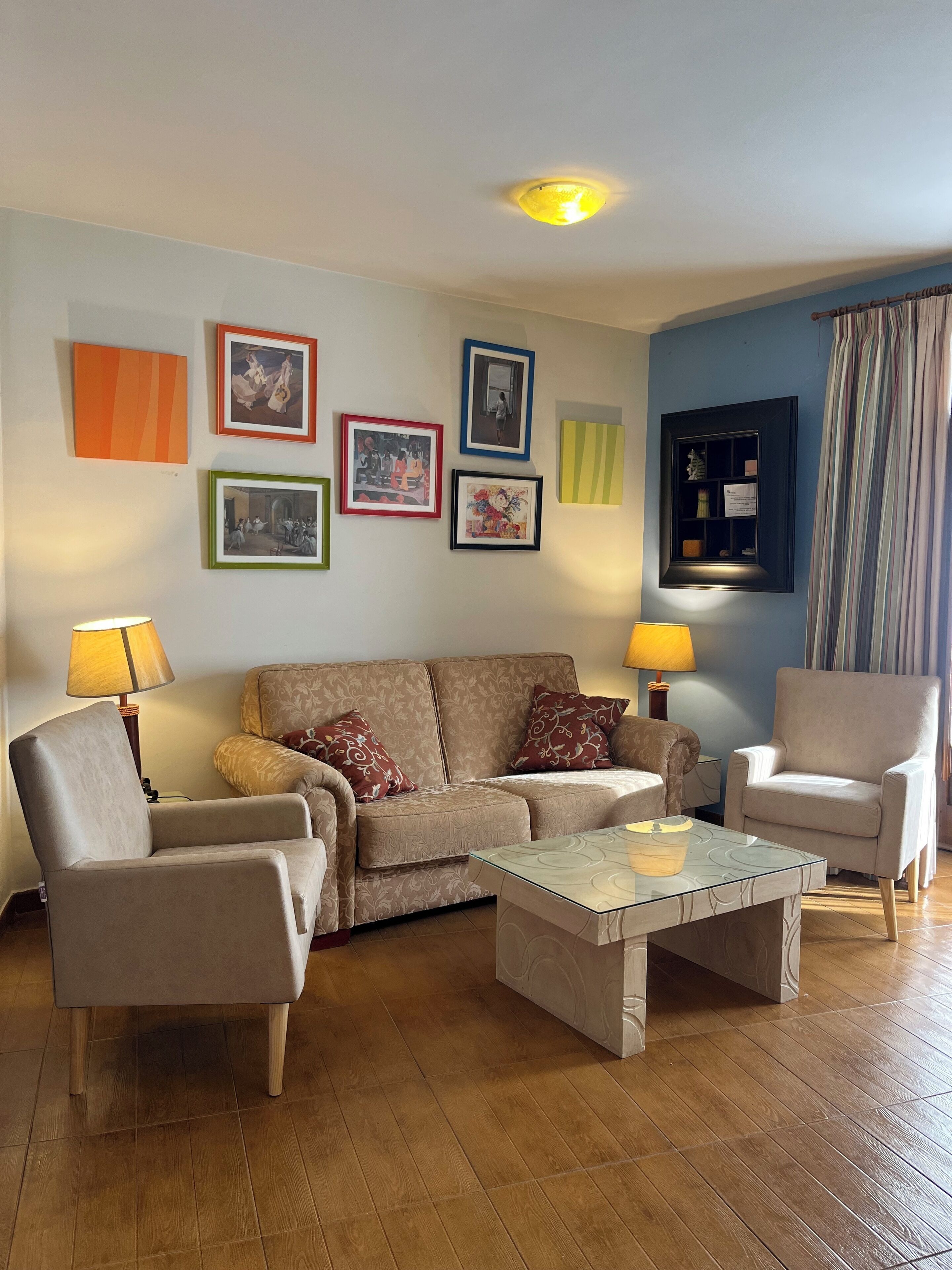 Télévision, cheminée, lecteur de DVD, livres