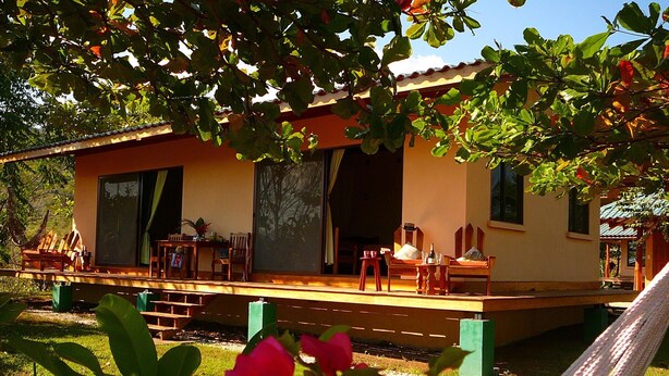 A house with a wooden deck, large windows, and a hammock.