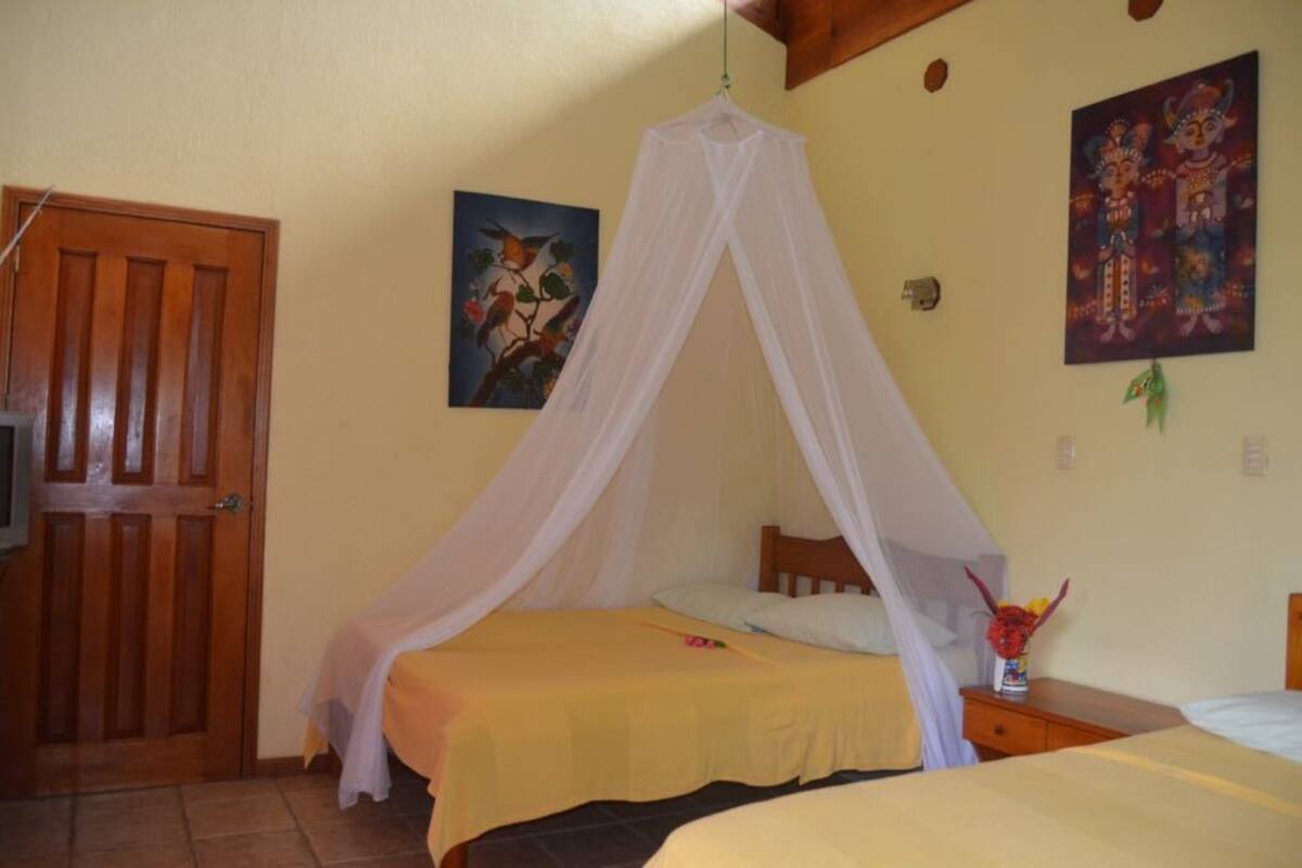 A room with two beds, each with a canopy bedspread. There is a wooden door, a painting on the wall, and a small table with a vase of flowers.