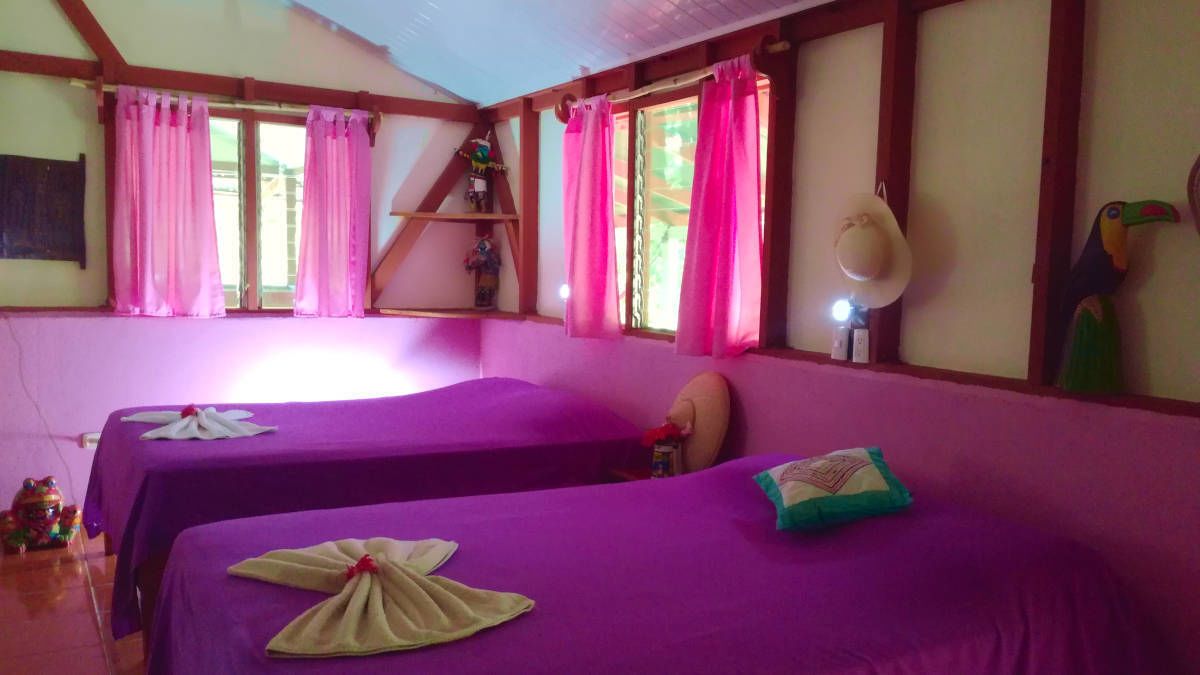A room with two beds, each with a purple bedspread and a towel on the bed. There are pink curtains on the windows, and a hat and a toucan decoration on the wall.
