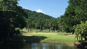 A golf course with a pond, surrounded by lush greenery and trees.