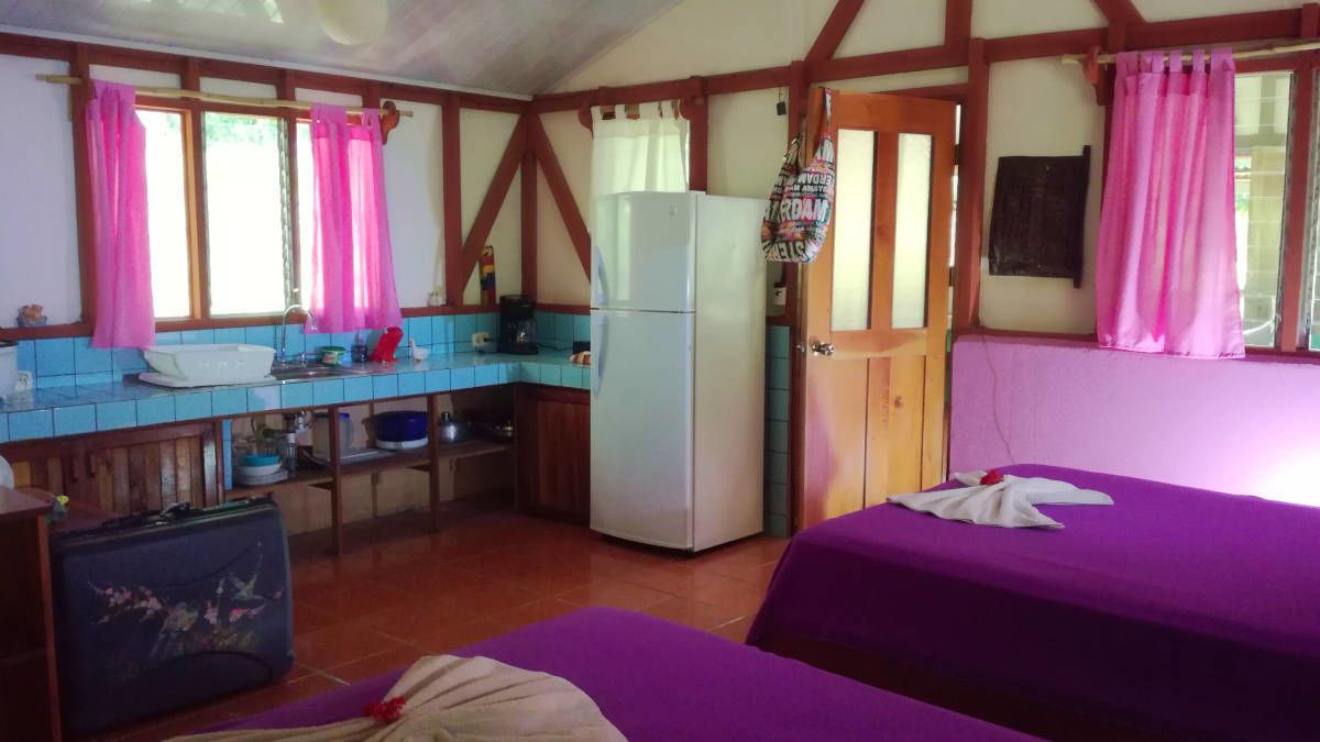 Une chambre avec deux lits, un coin cuisine et un réfrigérateur.