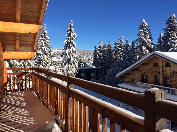 A wooden balcony with a snow-covered landscape and a cabin in the background. - Les Saisies, Chalet Carons 6 - 4 pers. 3 *. Great comfort. La forêt sector (Villard-Sur-Doron)