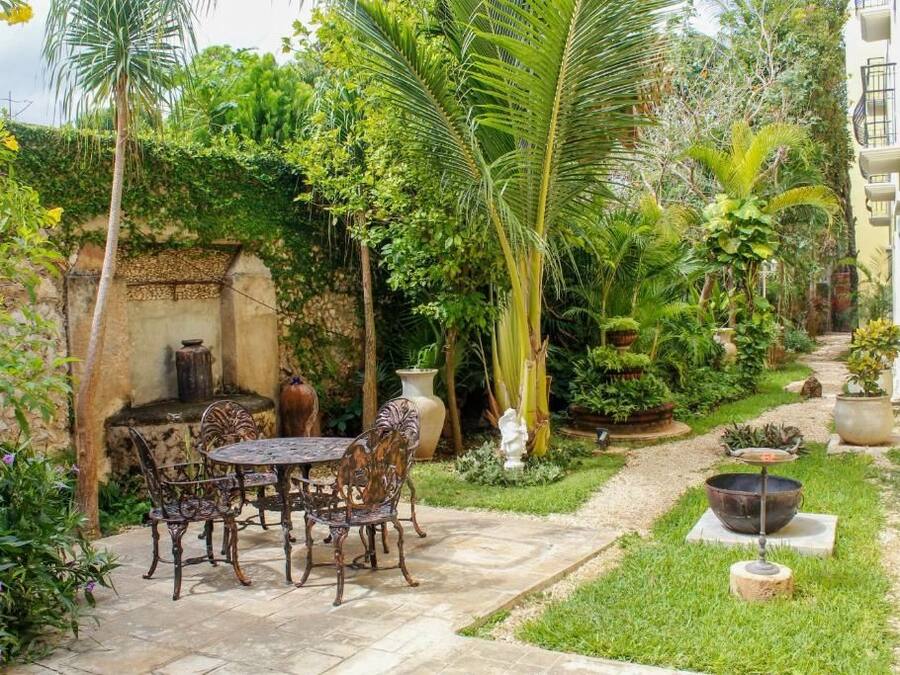 A patio with a table and chairs, surrounded by lush greenery and a variety of plants.
