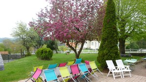 Un patio con sillas de colores y una mesa, rodeado de follaje y un árbol con flores rosadas.