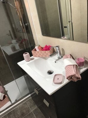 Shower, bidet, towels, soap