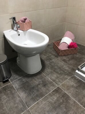 Douche, bidet, serviettes fournies, savon