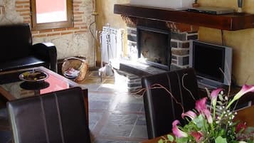 Una televisión, una chimenea