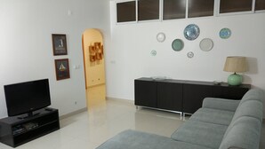 Un soggiorno con un divano grigio, una TV su un mobile, un armadio e piatti decorativi appesi al muro.