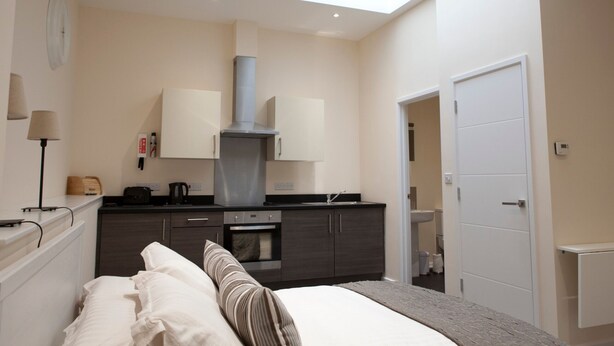Une chambre moderne équipée d’un lit, d’une lucarne, d’un coin cuisine et d’une salle de bain.