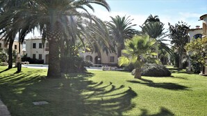 Ein gepflegter Garten mit Palmen und einem Poolbereich.