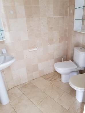 Combined shower/bathtub, hair dryer, towels, soap