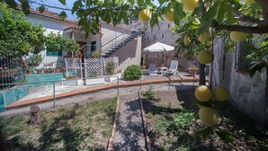 A courtyard with a staircase, outdoor seating, and a tree with fruit. - Vietri center "Villa Anna" (Vietri Sul Mare)