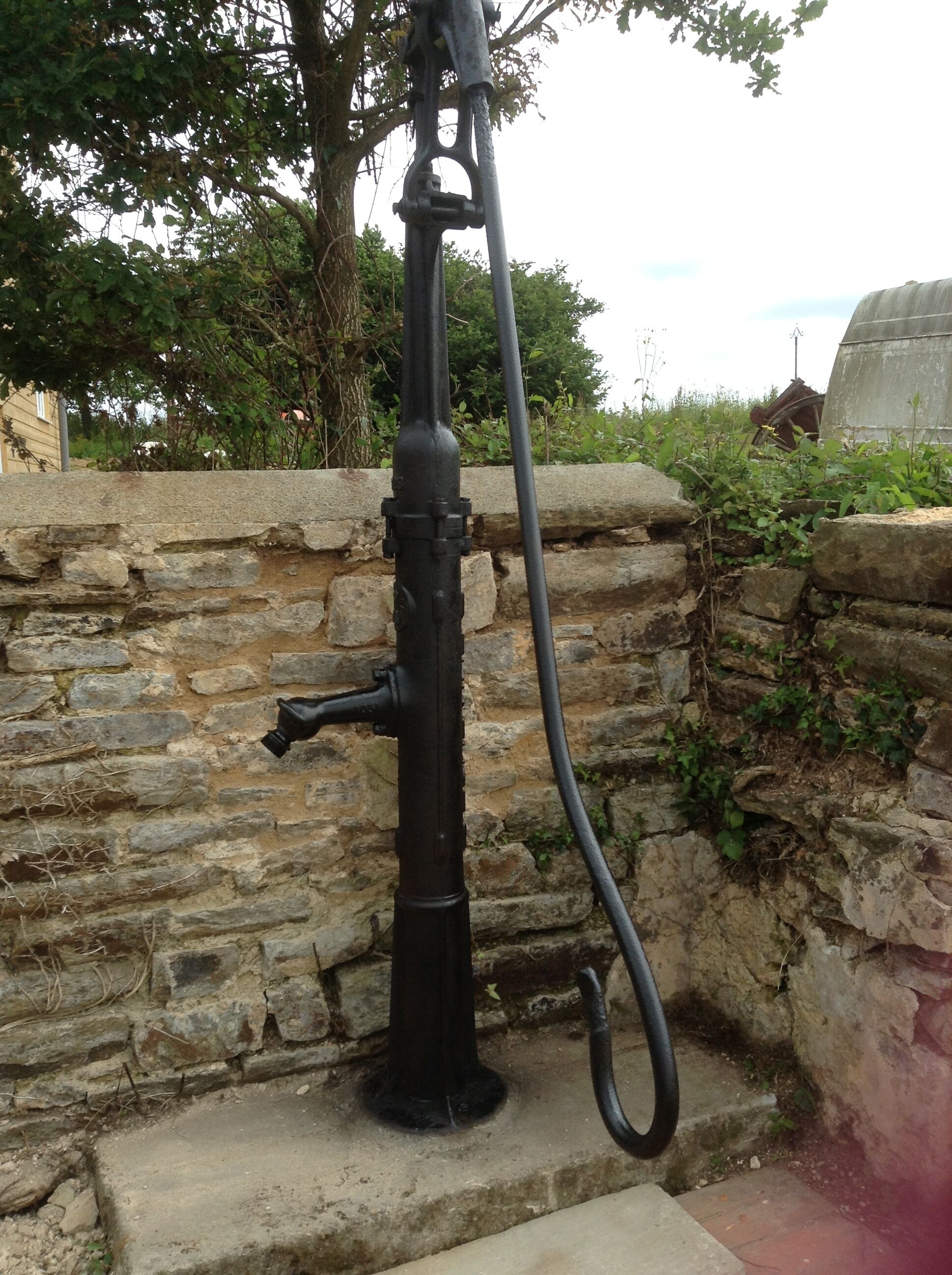A black metal pump with a hose, mounted on a stone wall with greenery around.