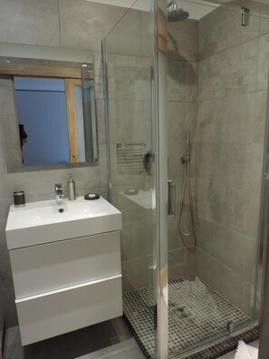 シャワー付き浴槽、ヘアドライヤー、タオル、トイレットペーパー