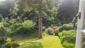 Un jardin luxuriant, agrémenté d’une clôture en bois, de divers arbres et d’arbustes en fleurs.