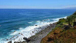 Vista costera con costa rocosa, mar azul cristalino y vegetación.