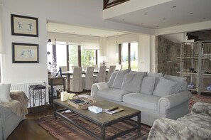 Televisio, takka, DVD-soitin, kirjoja