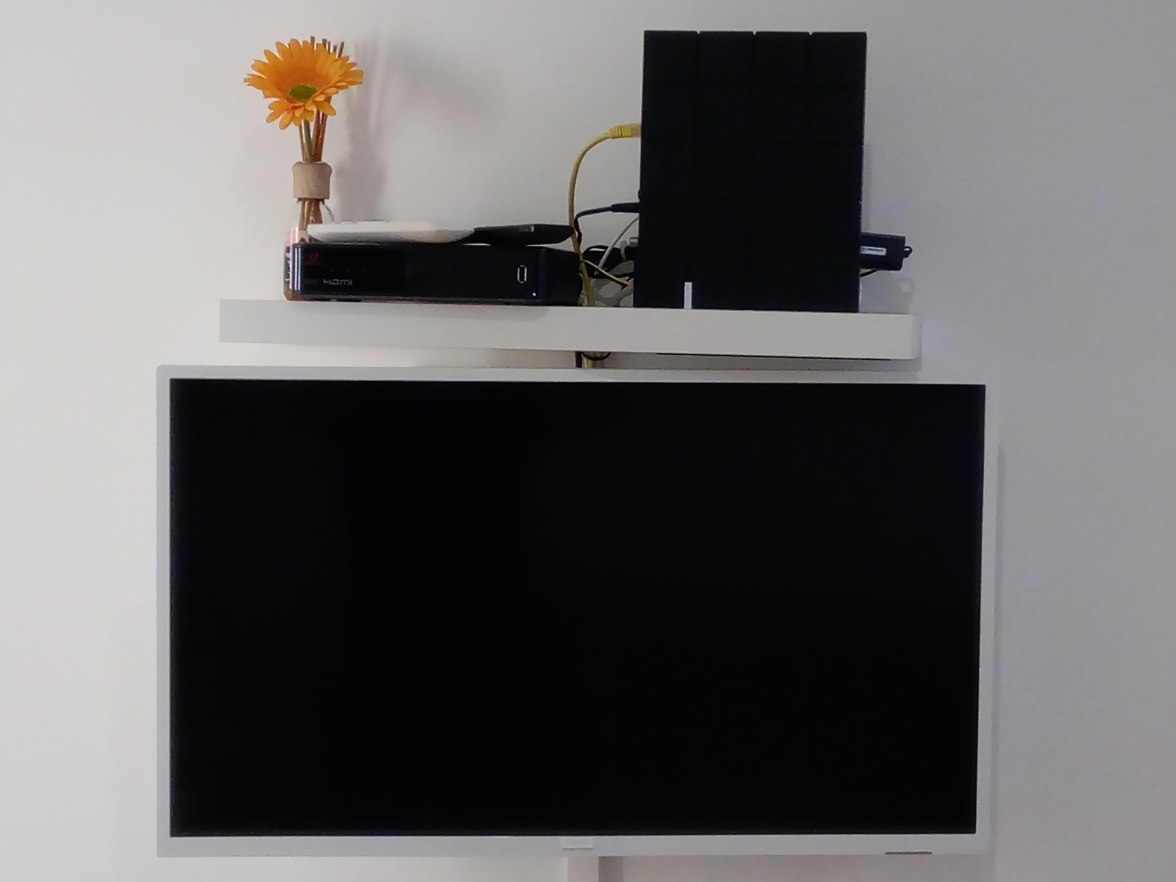 Un téléviseur à écran plat fixé à un mur blanc, avec un haut-parleur noir et un vase de fleurs posé sur une étagère au-dessus.