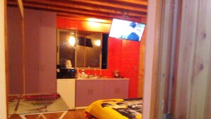 A bedroom with a bed, a television, and a kitchenette.