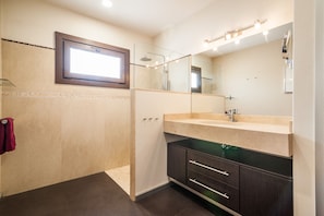 Shower, hair dryer, bidet, towels