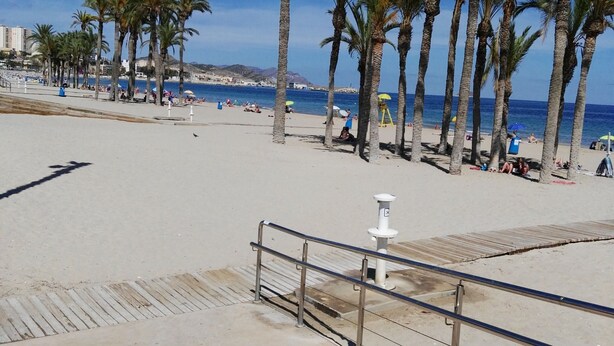A beach with palm trees, a wooden boardwalk, and a clear blue sky. - House very close to beach, family, quiet, clean, air cond., Bright and fresh (La Vila Joiosa/Villajoyosa)