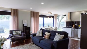 Televisión, chimenea, reproductor de DVD, estéreo