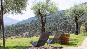 Two rocking chairs in a garden with a view of a forested mountain range. - Entire house for 5 people, private pool, pets accepted. Fully equipped. (Cabeceira de Basto)