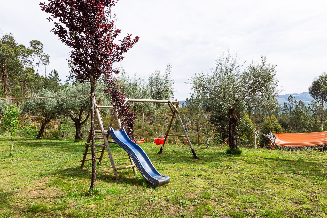 A playground with a slide, swings, and a hammock in a grassy area with trees and a view of the landscape.