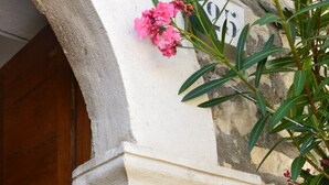 A stone wall with a number plaque, a wooden door, and a plant with green leaves and pink flowers.
