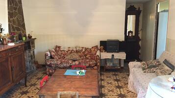 Un salon avec un canapé à motifs floraux, une table basse en bois, un téléviseur posé sur un meuble et un sol à motifs.