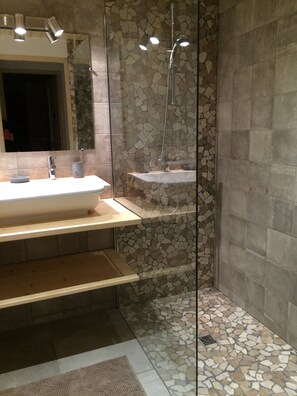 Shower, hair dryer, towels, toilet paper