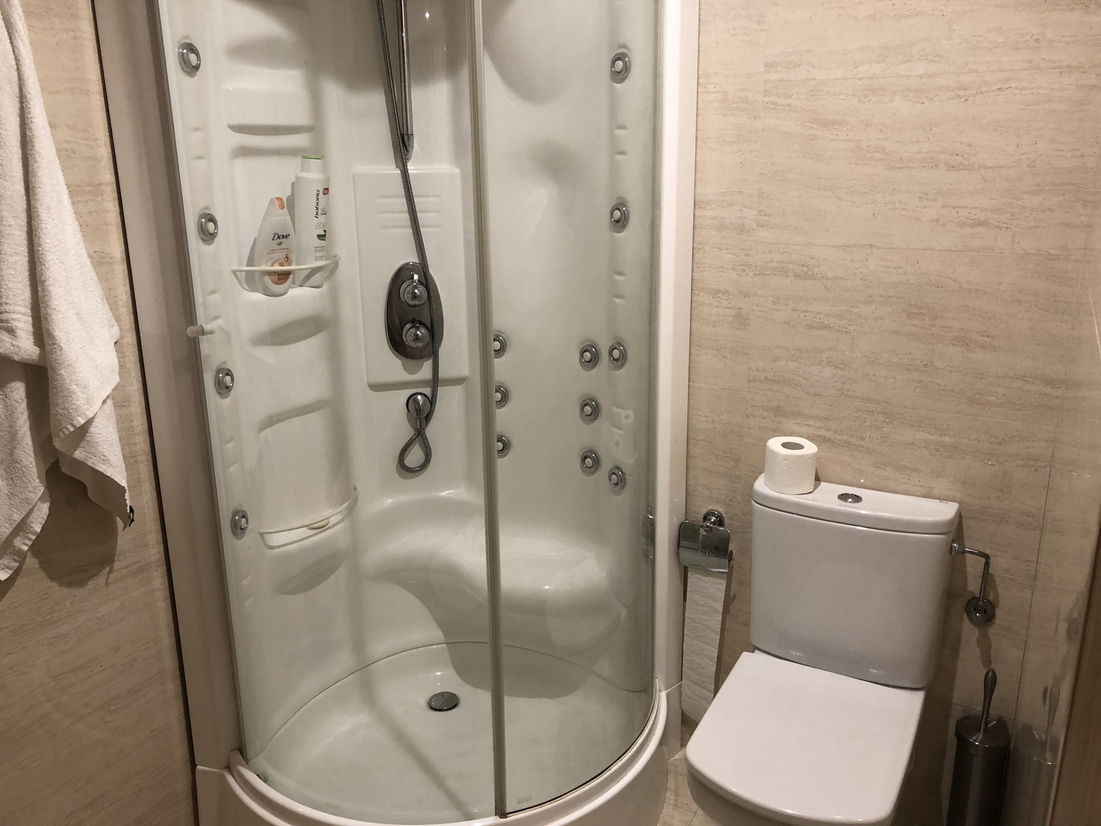 Een haardroger, handdoeken, zeep, shampoo