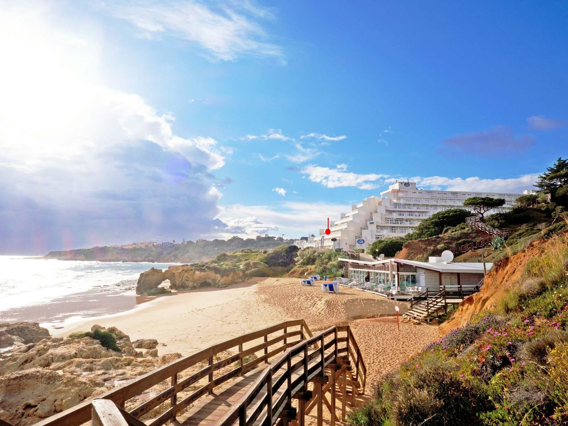 On the beach, sun loungers