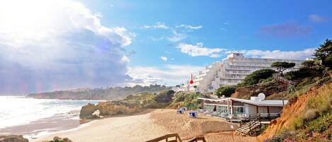 On the beach, sun loungers